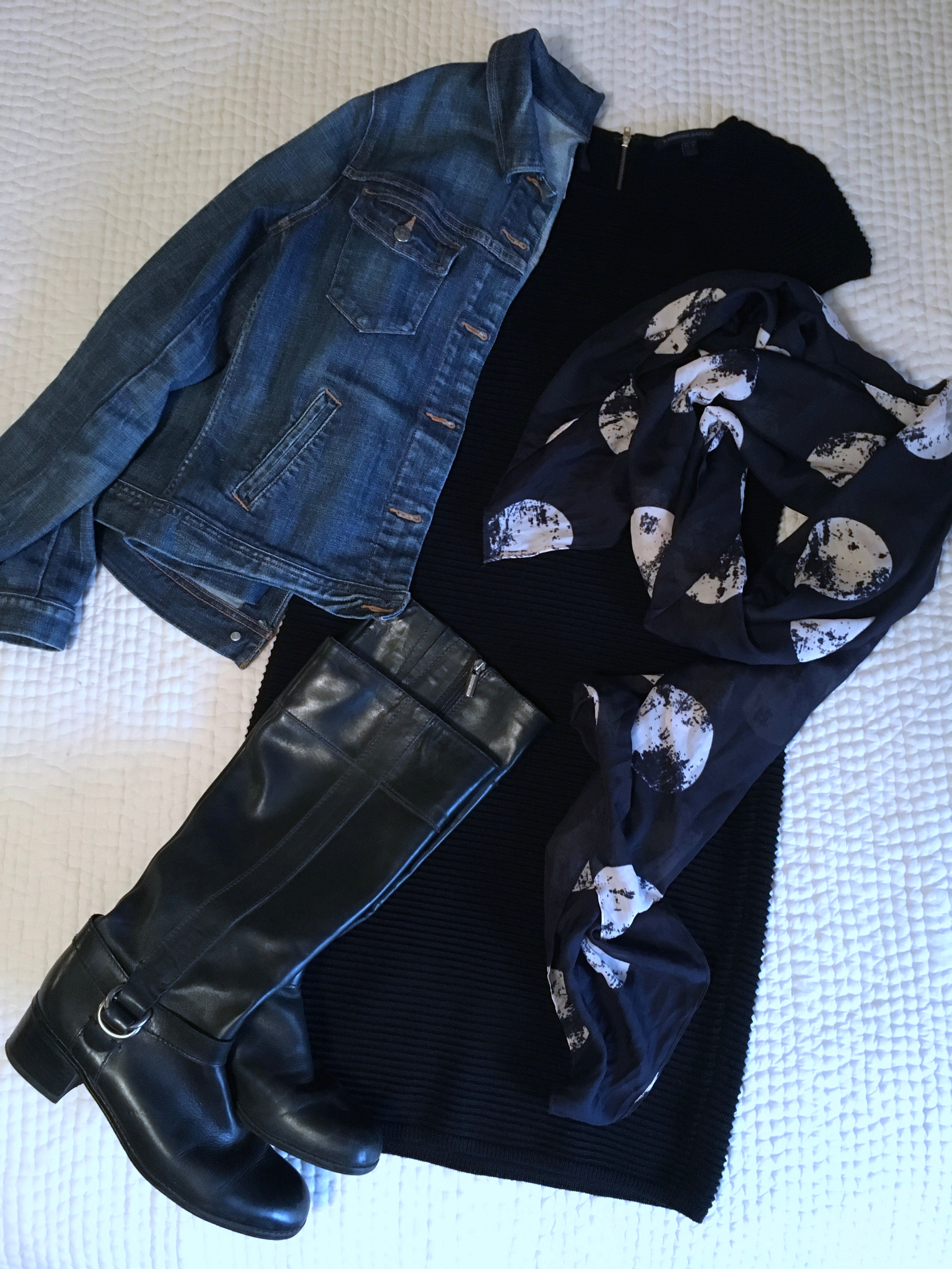 ndwc_navy and black_dress denim jacket scarf flatlay