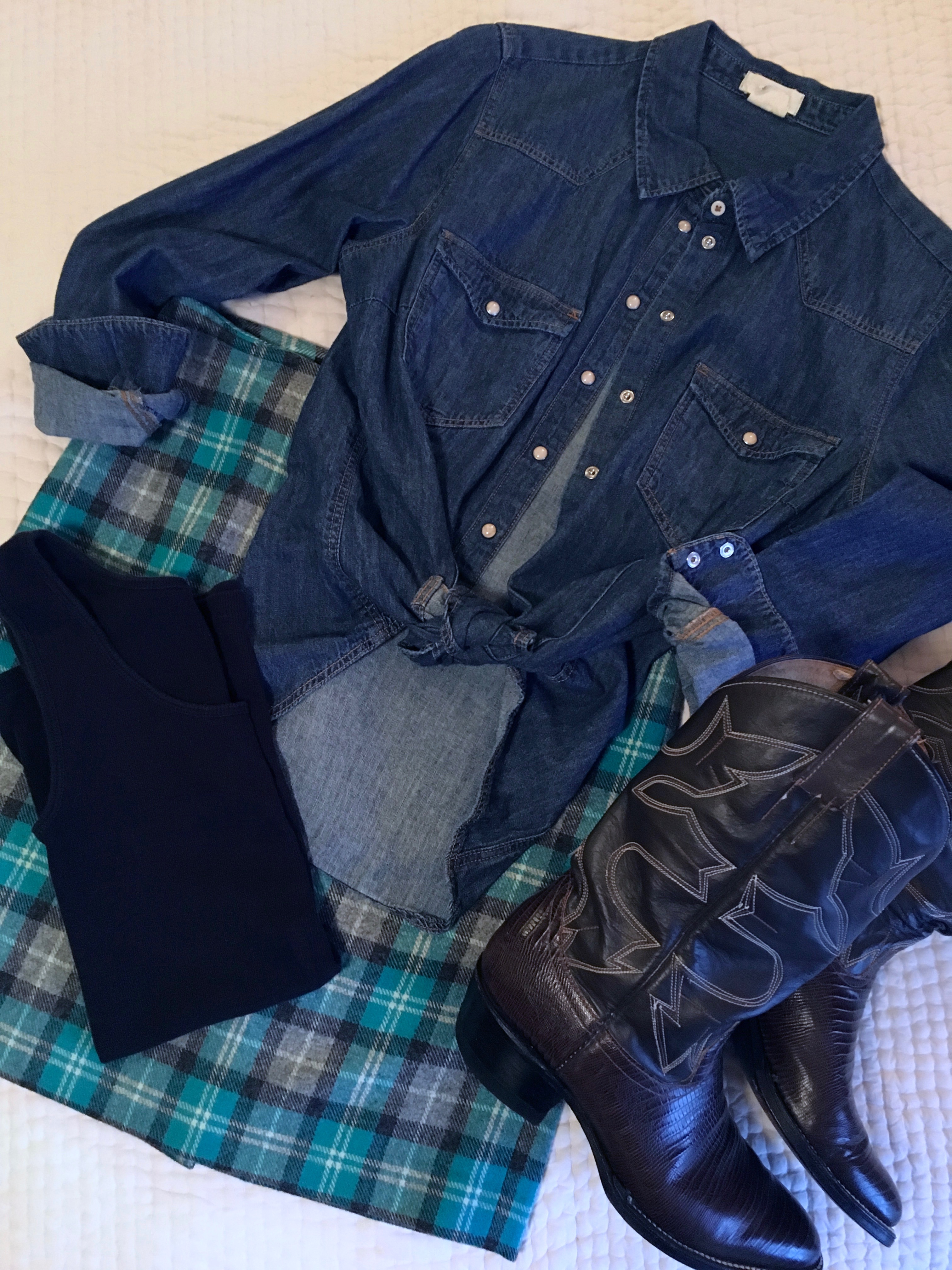 ndwc_plaid skirt denim shirt flatlay